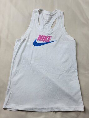 Nike One Classic women's Dri-FIT tank top in white with a blue and pink logo